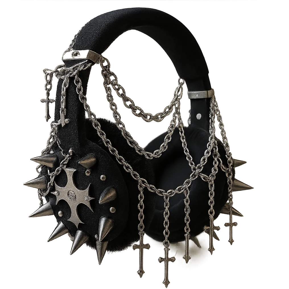 Add dramatic silver chains and dangling cross charms to the realistic black gothic headphones with velvet ear cups, silver spikes, and subtle cross motifs. Keep the background transparent. Maintain the realistic black gothic style with velvet texture and silver details. emoji