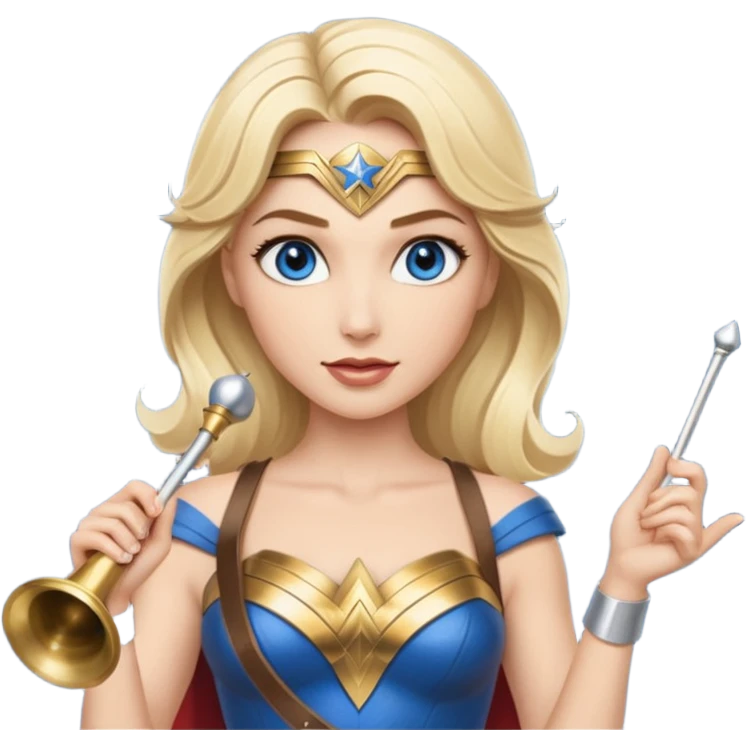 Blonde blue eyed Wonder Woman holding white orchestra conductor’s baton and bell emoji