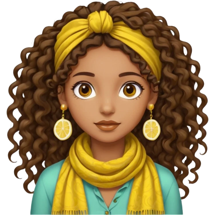 brown-skinned girl, bohemian, long curly brown hair tied up high at the back, lemon yellow scarf, round earrings emoji