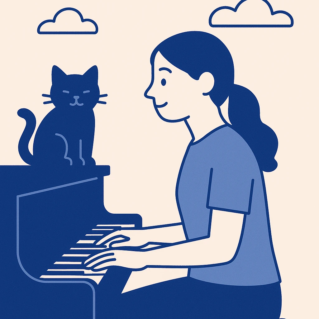 woman playing piano while her cat sits on top of the piano emoji