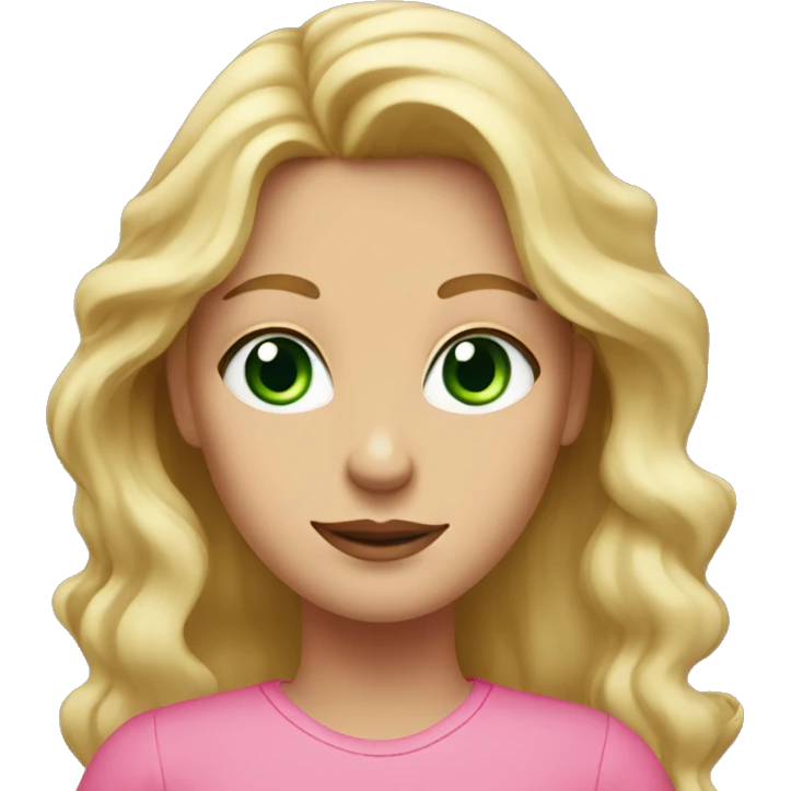 woman with green eyes and long wavy blonde hair in a pink shirt  emoji