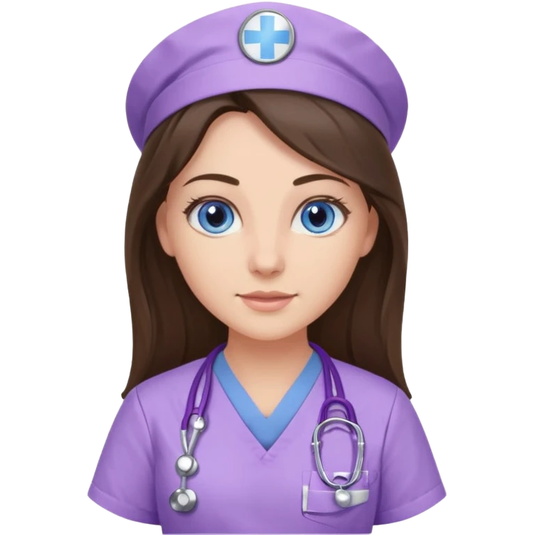 pretty brunette nurse with long hair and blue eyes in lilac scrubs emoji