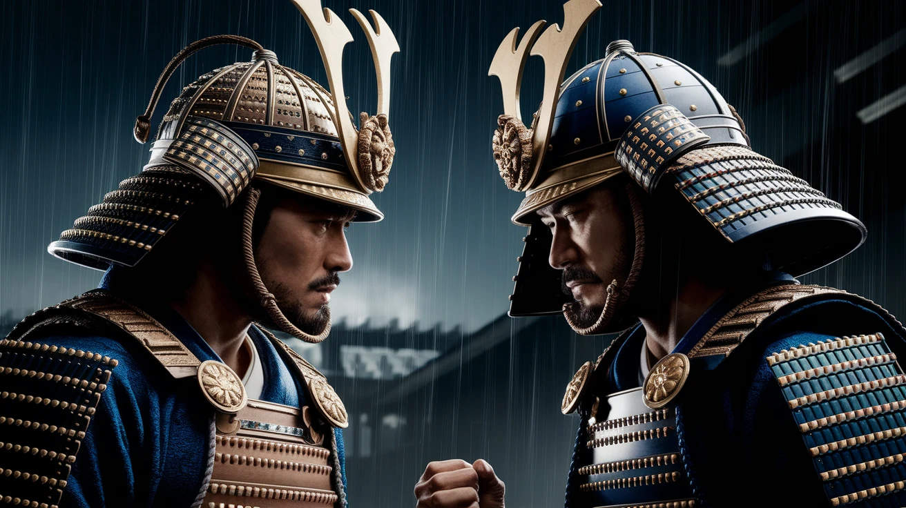A cinematic scane of a two japan samurai face to face ready to fight during rain, Medium shot, deph composition, tense atmosphere, shot by arri alexa emoji