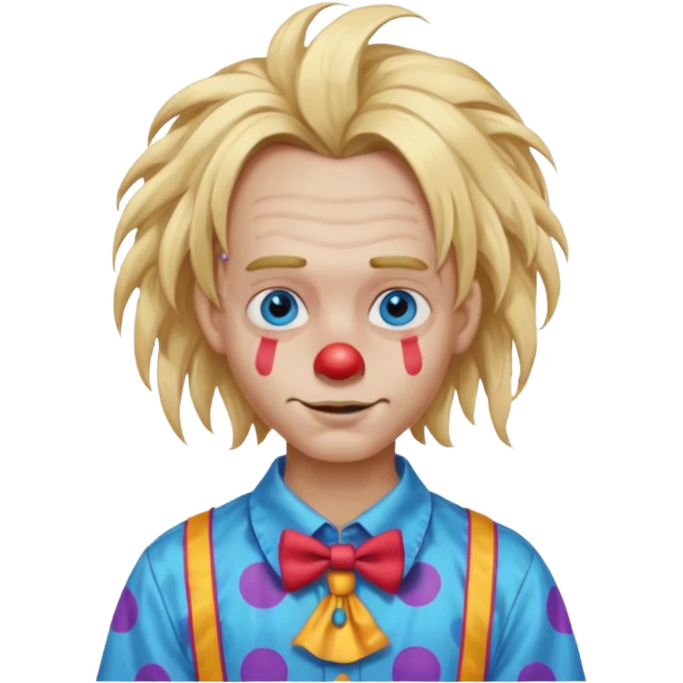 clown boy with messy very long long blonde hair blue eyes, designer shirt and hair pins emoji