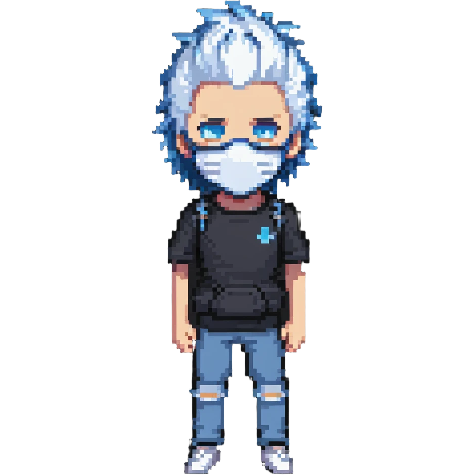 teenager with blue mask, spiky white hair, standing emoji