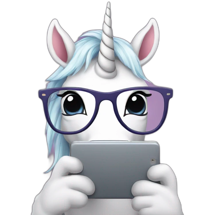 Unicorn with glasses reading a smartphone  emoji