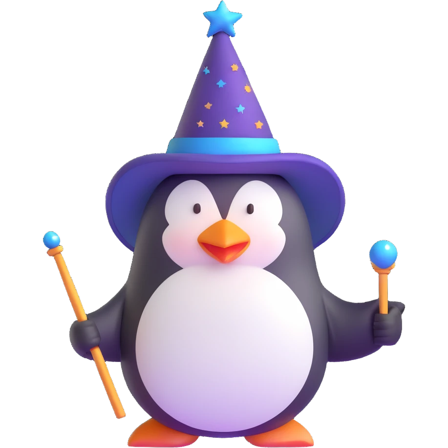 penguin wizard with magic wand and pointed hat emoji