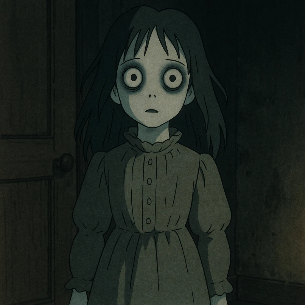 creepy girl, wide eyes, old-fashioned dress, ghostly appearance, dim lighting emoji