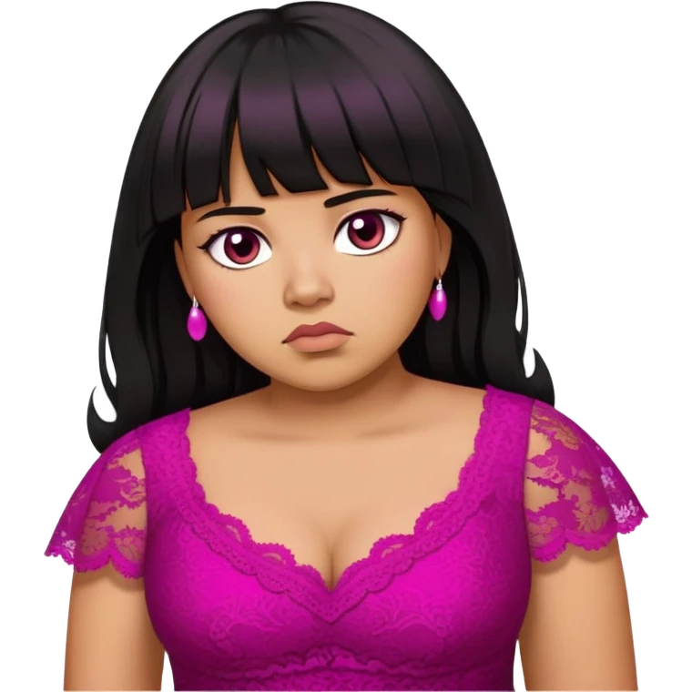 Latina girl with bangs long black layered hair plus size fuschia lace dress disappointed  emoji