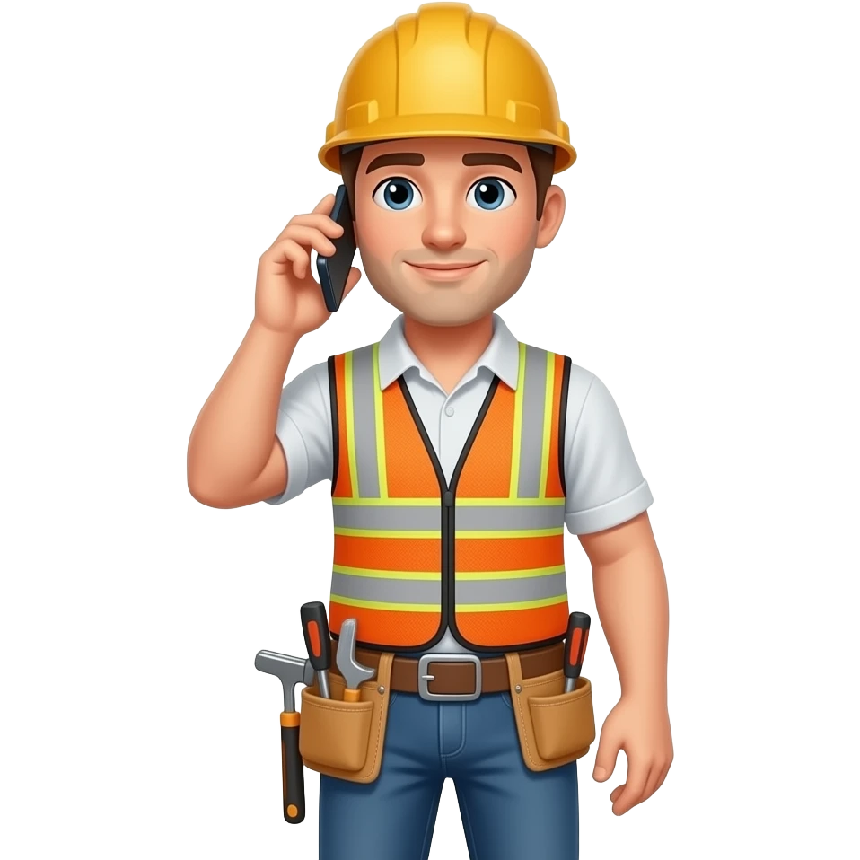general contractor on a call holding their smartphone with a tool belt and no safety vest or helmet emoji