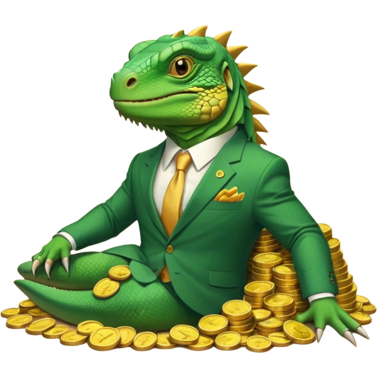 capitalist iguana in suit lying on coins emoji