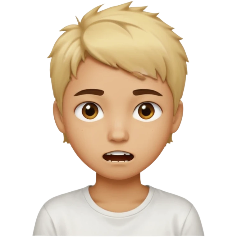 caramel skin color. Teen age. Short buzz, messy blonde hair, dark brown bushy eyebrows large expressive golden-brown eyes, brown skin color, scar over nose, wearing a plain white t-shirt. Mouth expression showing teeth emoji