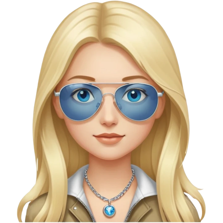 girl with long blond hair, blue eyes and aviator sunglasses wearing a ring on her silver necklace emoji