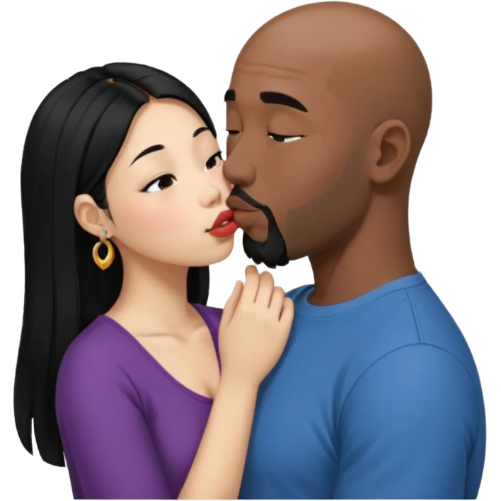 Bald black man with short beard deeply kissing, tonguing each other with open mouth. She is a shorter younger looking asain women. She has long black hair down to her elbows and a nose ring emoji