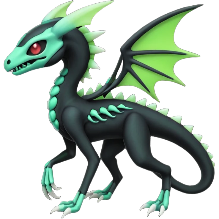 Obsidian-black and neon-glowing-green skeletal Meloetta-Salandit-Gorebyss-Salazzle-Pokémon-Fakémon-creature-fusion-hybrid emoji