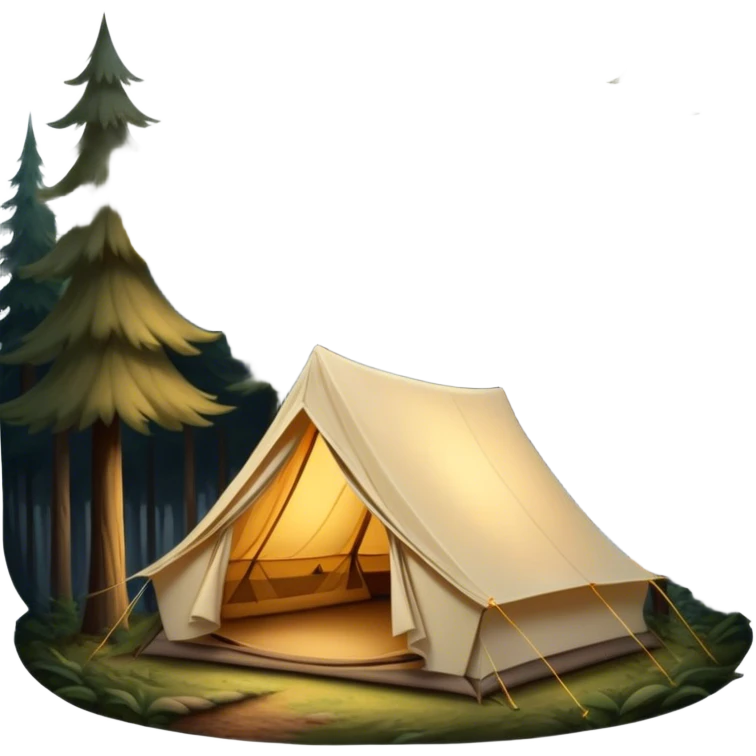 Cinematic Realistic Tent, a sturdy canvas tent nestled among tall trees, warm golden light spilling from inside, gentle folds in the fabric visible, glowing against the cool, dark forest backdrop, evoking a sense of adventure and comfort. emoji