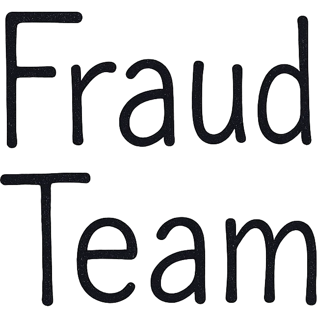 Remove any sad face or decoration, only keep the text. Make the text bold and stack the words with 'Fraud' on top and 'Team' underneath. Use black text on a white background, bold, clear, and easy to read for Slack emoji. emoji