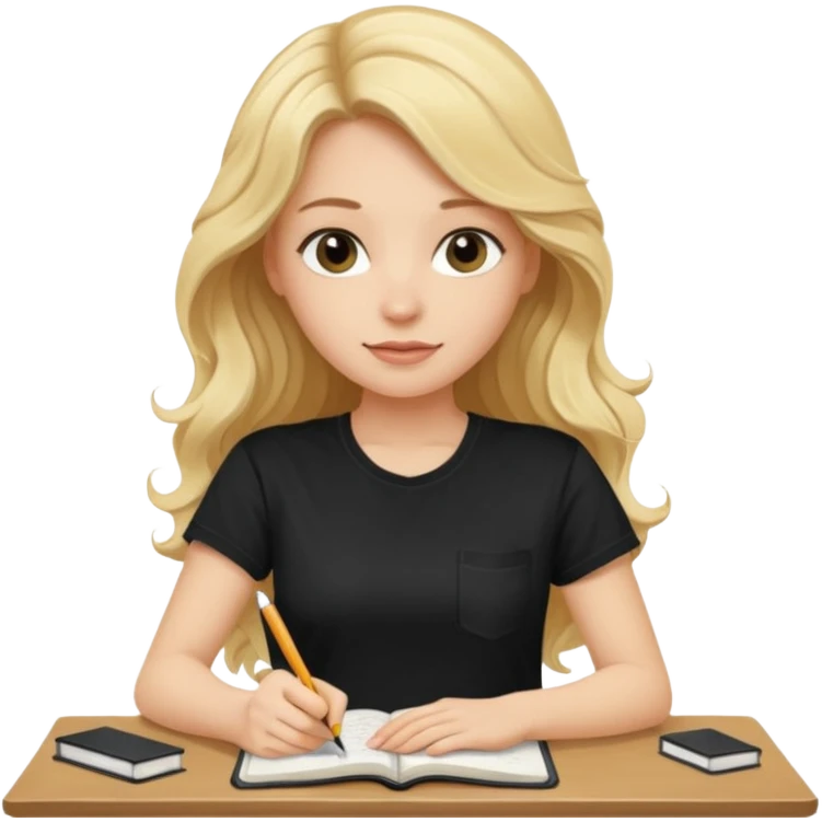 A beautiful blonde with long wavy hair in a black T-shirt sits and writes in a diary with a pen. emoji