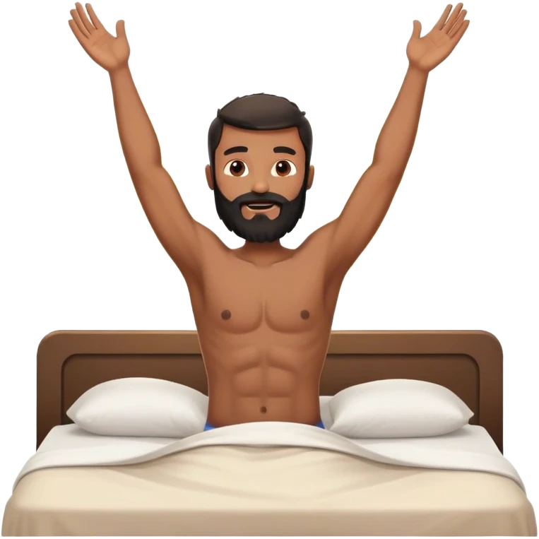 shirtless black beard man waking up out of bed stretching arms with sunshine in the back emoji