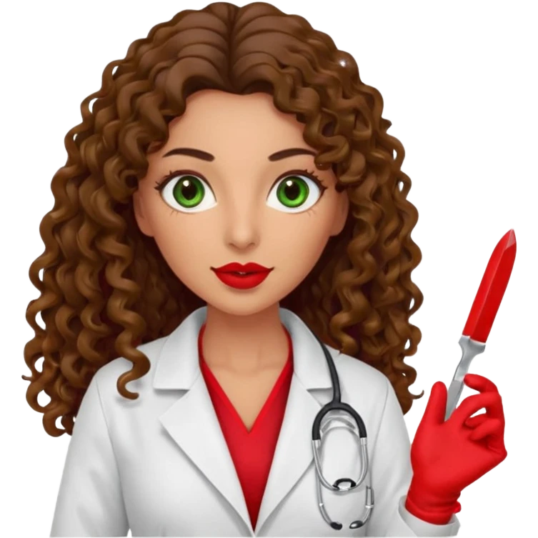 Spanish sexy evil woman. She has green eyes.  had brown long curly hair.  evil surgeon kills with scalpel wears red sexy doctor coat with red long mouth cover red gloves.  emoji