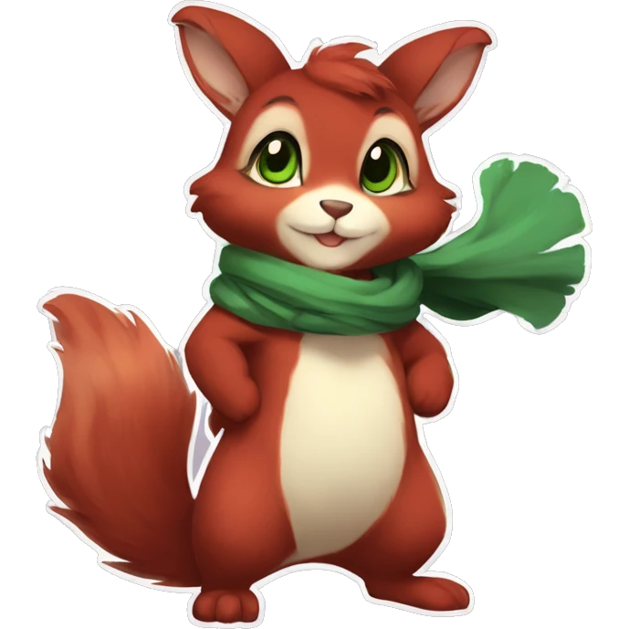 Cute, Chibi, chubby, fluffy, Kemono-style, Anthro, Fur-Sona, Dark-Red, Squirrel-Rabbit-hybrid-Fakémon, with a green scarf, full body emoji