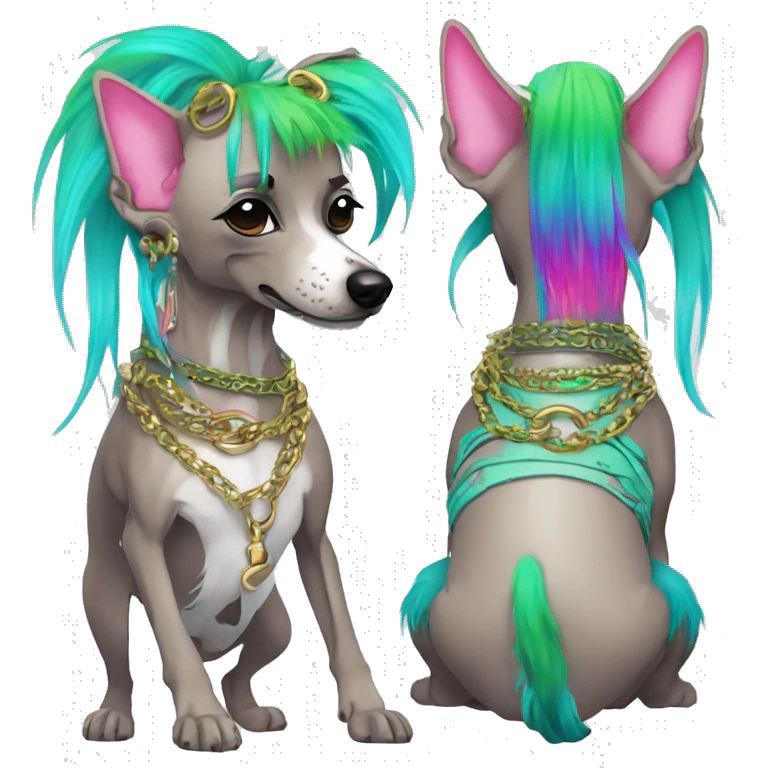 Punk Chinese crested dog neon rainbow cyan green pink hair gold chain punk piercings tattoos punk ear piercings emoji