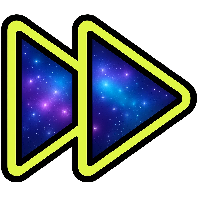next song icon, two right-pointing triangles filled with vibrant moving galaxy, neon yellow or green glowing border emoji