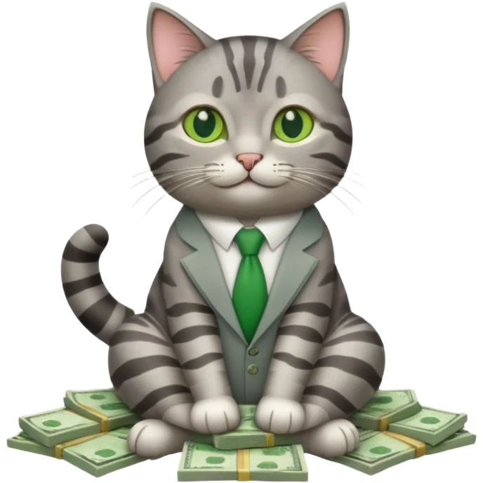 A business cat sitting on a pile of money, looking relaxed emoji