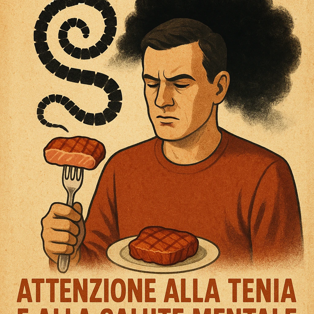 symbolic illustration: man holding fork with pork meat, behind him silhouette of tapeworm transforming into black cloud above head, text in Italian: 'Attenzione alla tenia e alla salute mentale', 4K quality emoji