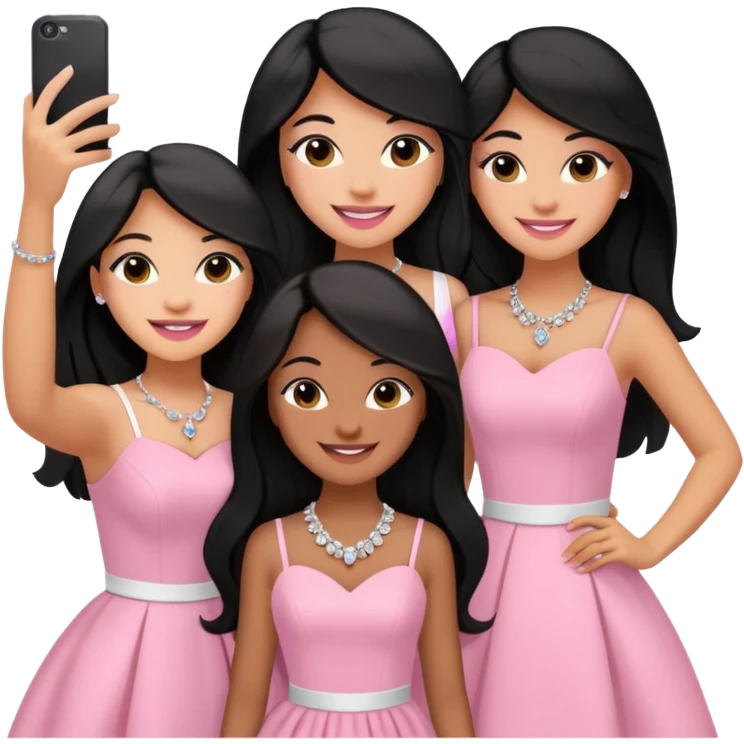 Just 3 besties with professional glammed up looks wearing pink and white, all medium skin tone smiling big with black long hair. Very girly wearing jewelry, taking a selfie  emoji