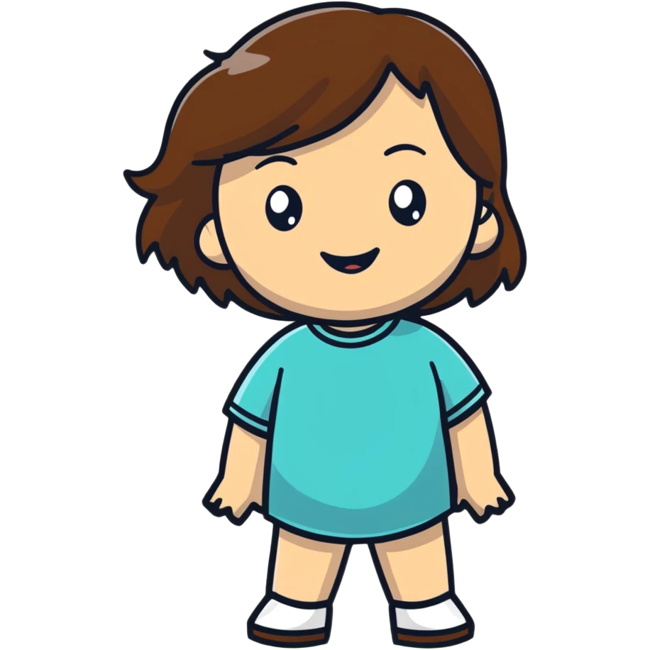 White girl with medium length brown hair, happy expression emoji