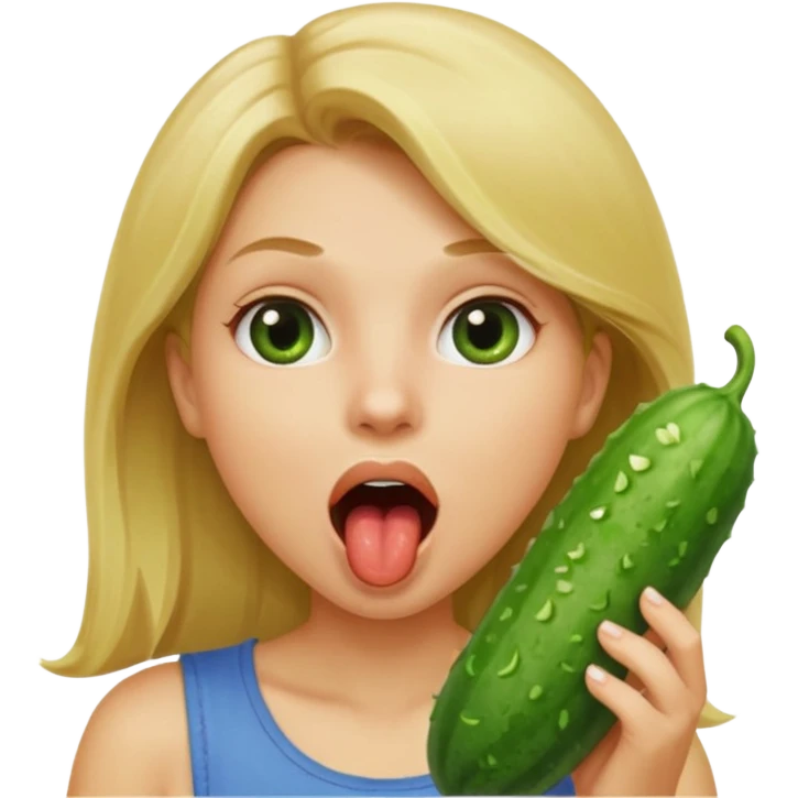Girl mouth open. Cucumber going into her mouth straight. dirty blonde hair emoji