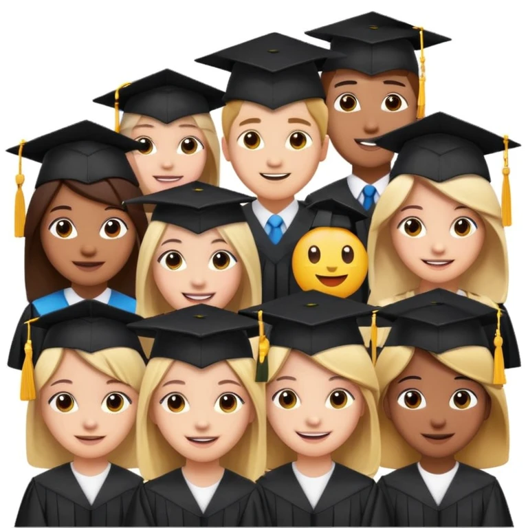 a group of diverse students in graduation caps, university building behind them, emoji style, inspired by 'KIDZ BOP Kids' emoji