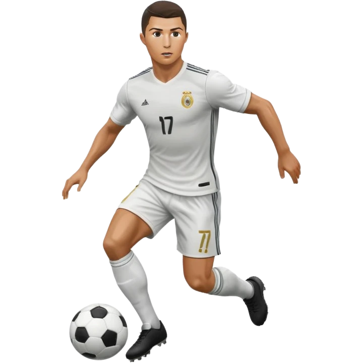 Cristiano Ronaldo inspired emoji, dribbling a soccer ball, focused expression emoji