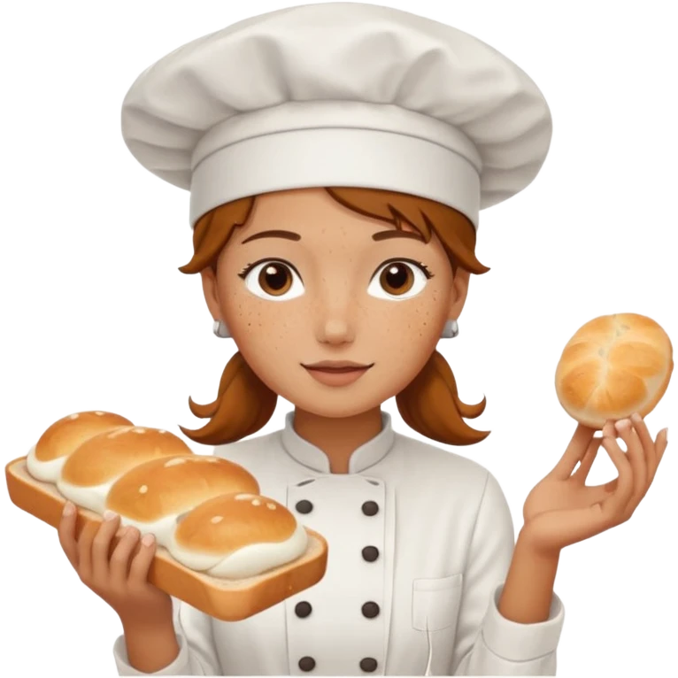 Young female baker - white chef hat, framing white cream pattern on bread emoji