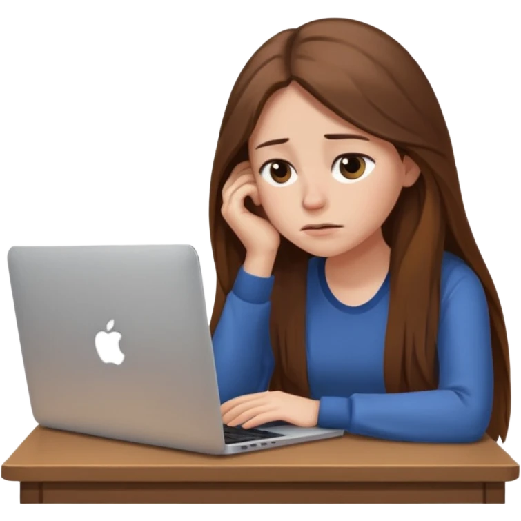 create a woman long hair brown, sitting with her macbook looking tired. looking at her computer, exausted  emoji