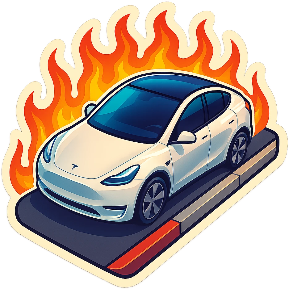A Tesla Model Y parallel parking at a curb, from above, with fire around emoji
