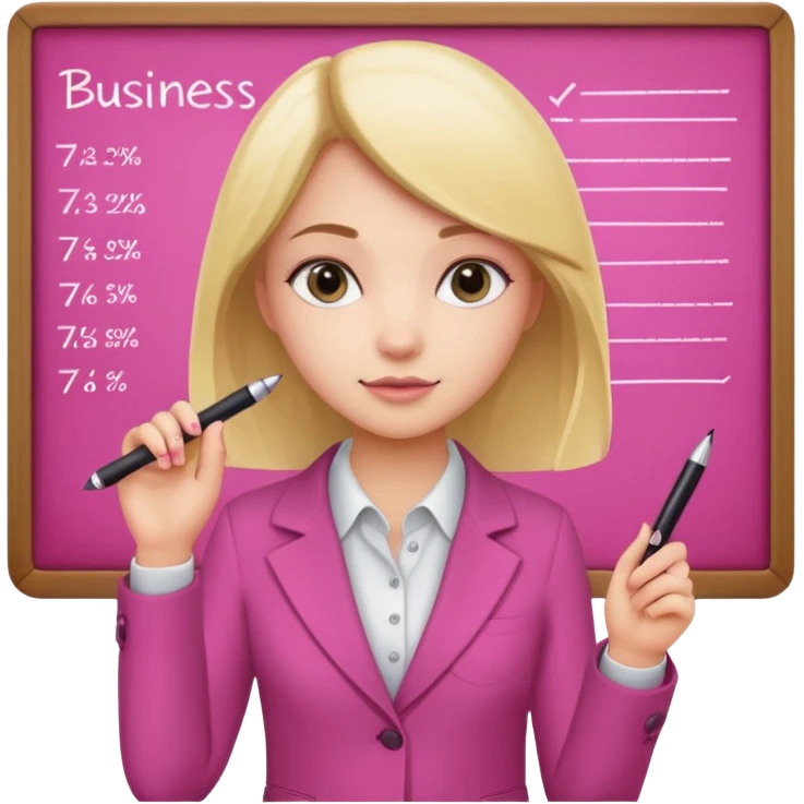 pink board with a girl writing on it and on the board there are graphs and a title "Businss emoji