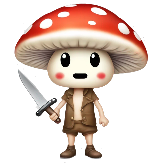 cute mushroom person holding knife and he’s really small and red and white spots with a cute smiley face  emoji
