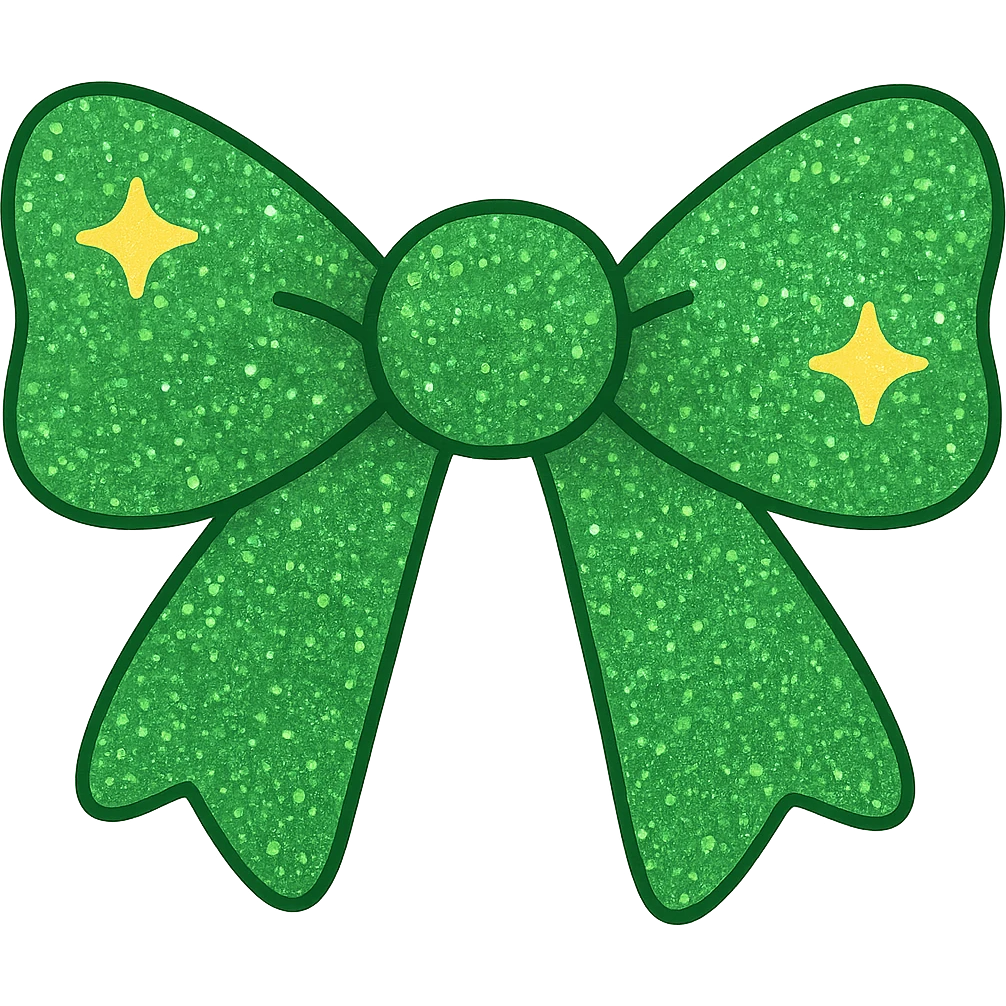 Make the sparkling bow green with glitter details, playful and stylish, no background. The style should be playful and stylish with detailed green glitter sparkle. emoji