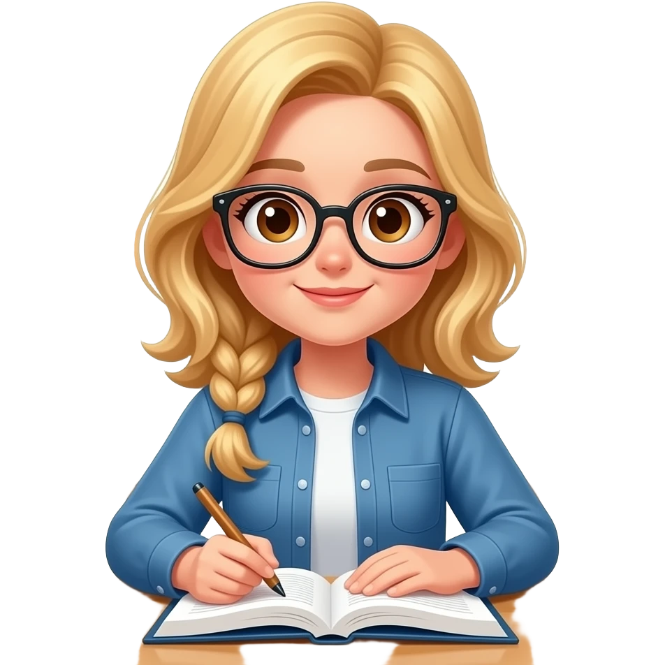 chica rubia con gafas de ojos marron estudiando. QUE EL fondo sea en la biblioteca que no sea blanco emoji