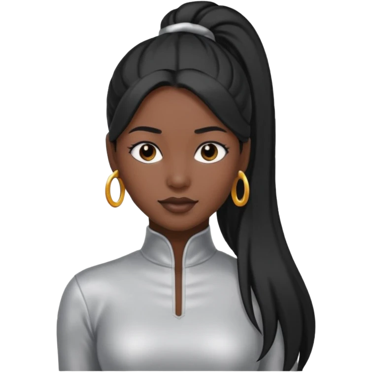 Left Eye from TLC with dark skin, long black ponytail hair, silver outfit emoji