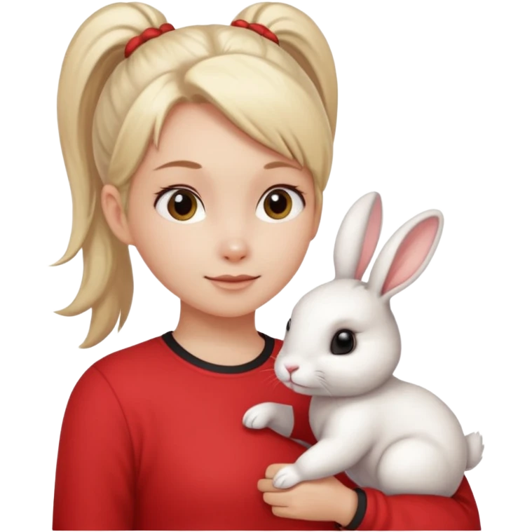 white bunny, pet lover, red shirt, pony tail. emoji