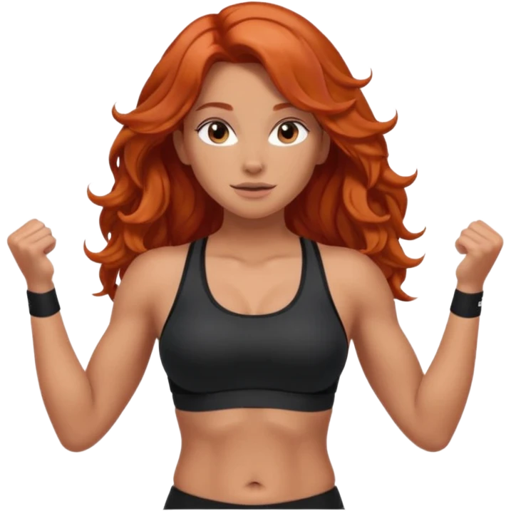 Athletic girl with long light red wavy hair and smaller boobs bigger arms. middle part and black sports bra, long hair, show stomach emoji