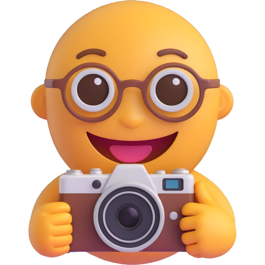 3D smiley emoji, round shape, grandfather with an old camera, brown color, smiling face emoji