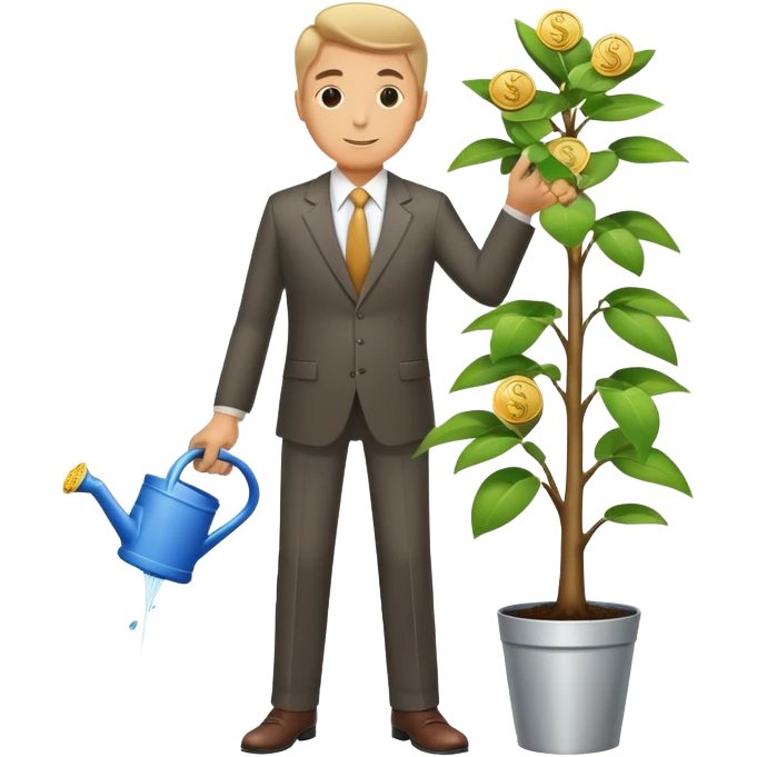 Businessman in suit watering a money tree with growing coins and dollar signs emoji