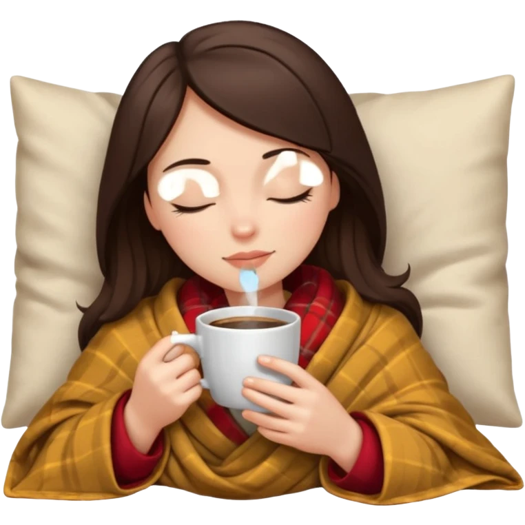 Brunette girl inside a blanket sipping coffee eyes closed emoji