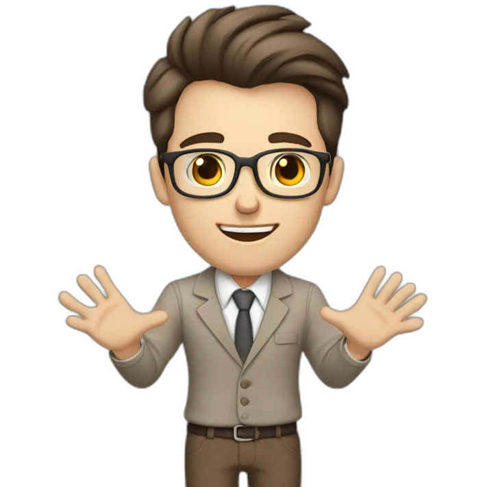 To belt Actively gesturing with hands Pale skinned fit man teacher with dark brown hair in gray jacket, beige office shirt, brown tie, brown pants and vintage glasses. emoji