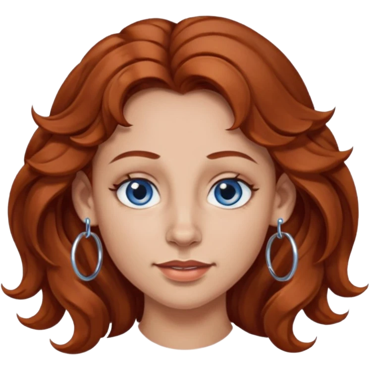 Create a custom emoji-style character inspired by a woman with medium length, wavy reddish-brown hair, light skin tone, dark blue eyes, a nose piercing on each nostril, and hoop earrings. Emphasize a mischievous expression. emoji