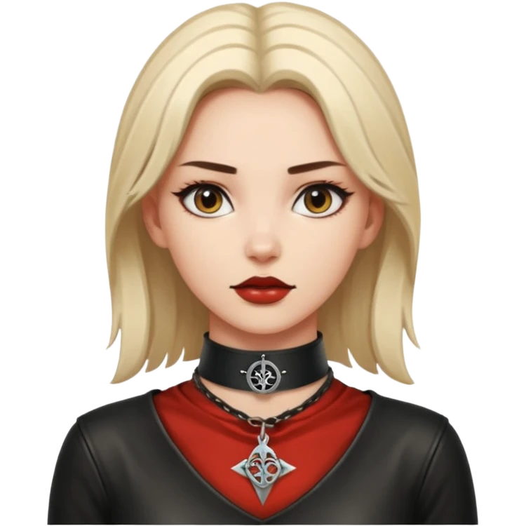 Leather choker with sigil around woman’s neck, pulse visible, dominance tone emoji